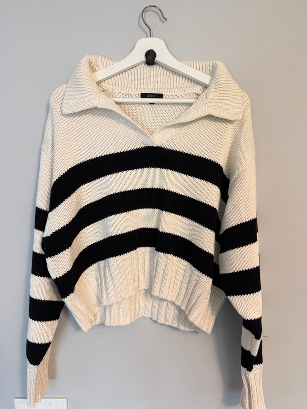 Quince Cream and Black Striped Collared Sweater